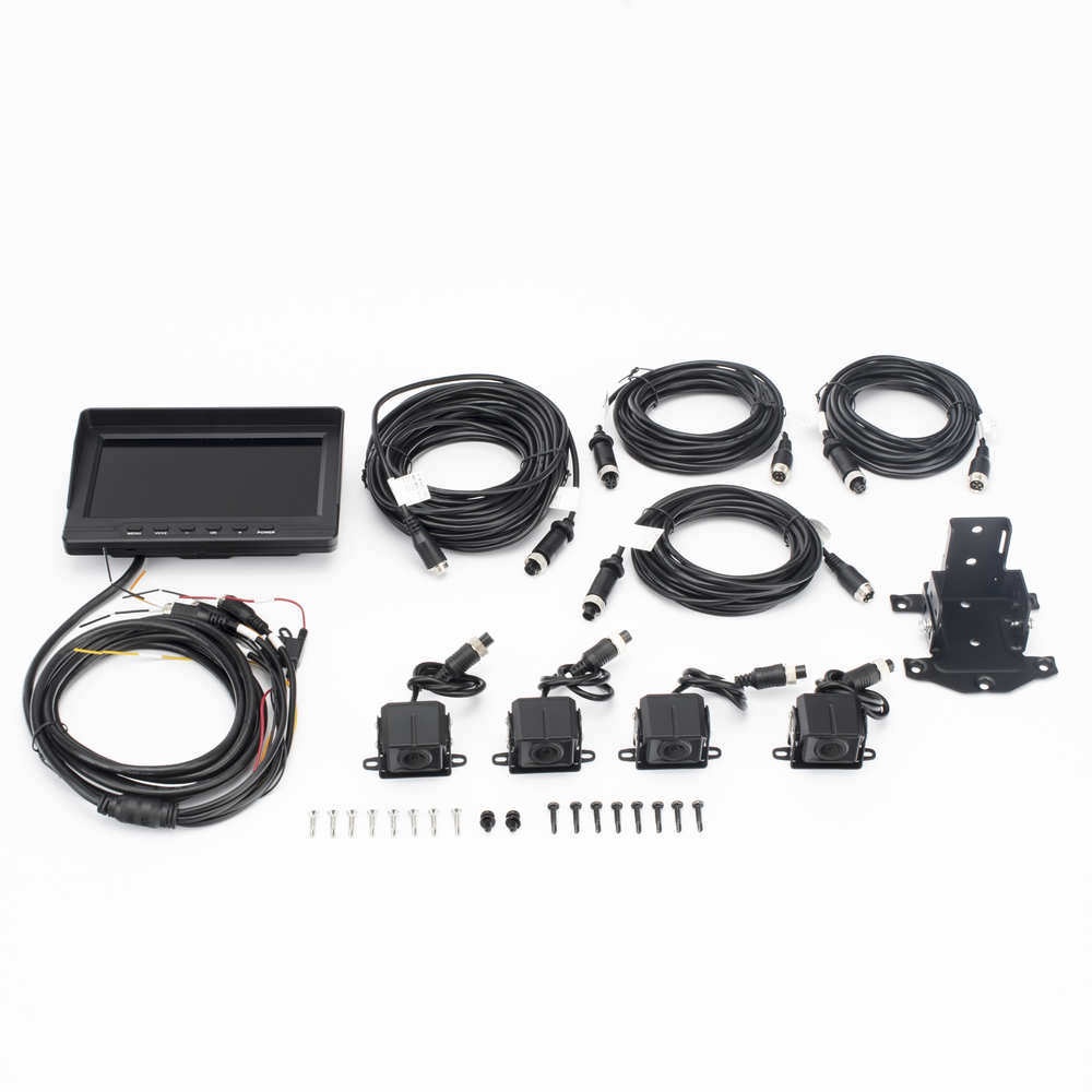 Sistema de Monitoreo Local / 4 Cámaras 1080p para Exterior (IP68) y Pantalla LCD de 7" a Color / Soporta Memoria Micro SD Hasta 512 GB / Soporta Cambio de Cámara al Dar Reversa al Vehiculo / Accesorios de Instalación