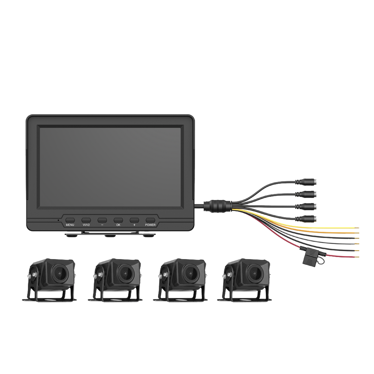 Sistema de Monitoreo Local / 4 Cámaras 1080p para Exterior (IP68) y Pantalla LCD de 7" a Color / Soporta Memoria Micro SD Hasta 512 GB / Soporta Cambio de Cámara al Dar Reversa al Vehiculo / Accesorios de Instalación