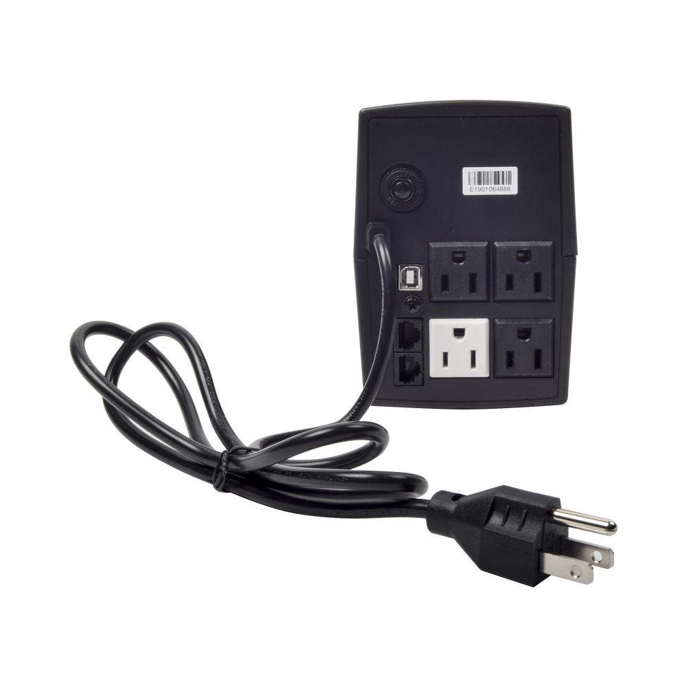 UPS de 600VA/360W / Protección contra Descarga, Sobretensión y Picos Transitorios / Entrada y Salida 120 Vca / Clavija NEMA 5-15P / 4 Tomas NEMA 5-15R/ Sin Protector RJ11 ni RJ45