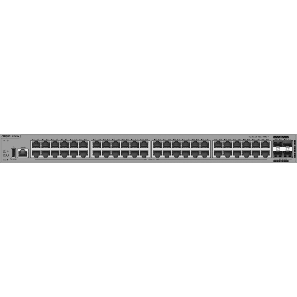 Switch de Acceso Capa 3 / 48 Puertos Gigabit PoE+ / 4 Puertos SFP 2.5GE Uplink / 116 Gbps / 86.304 Mpps / PoE 370W / VSU / Protección contra Sobretensiones 10 kV / Ventiladores Redundantes / Línea Cybrey