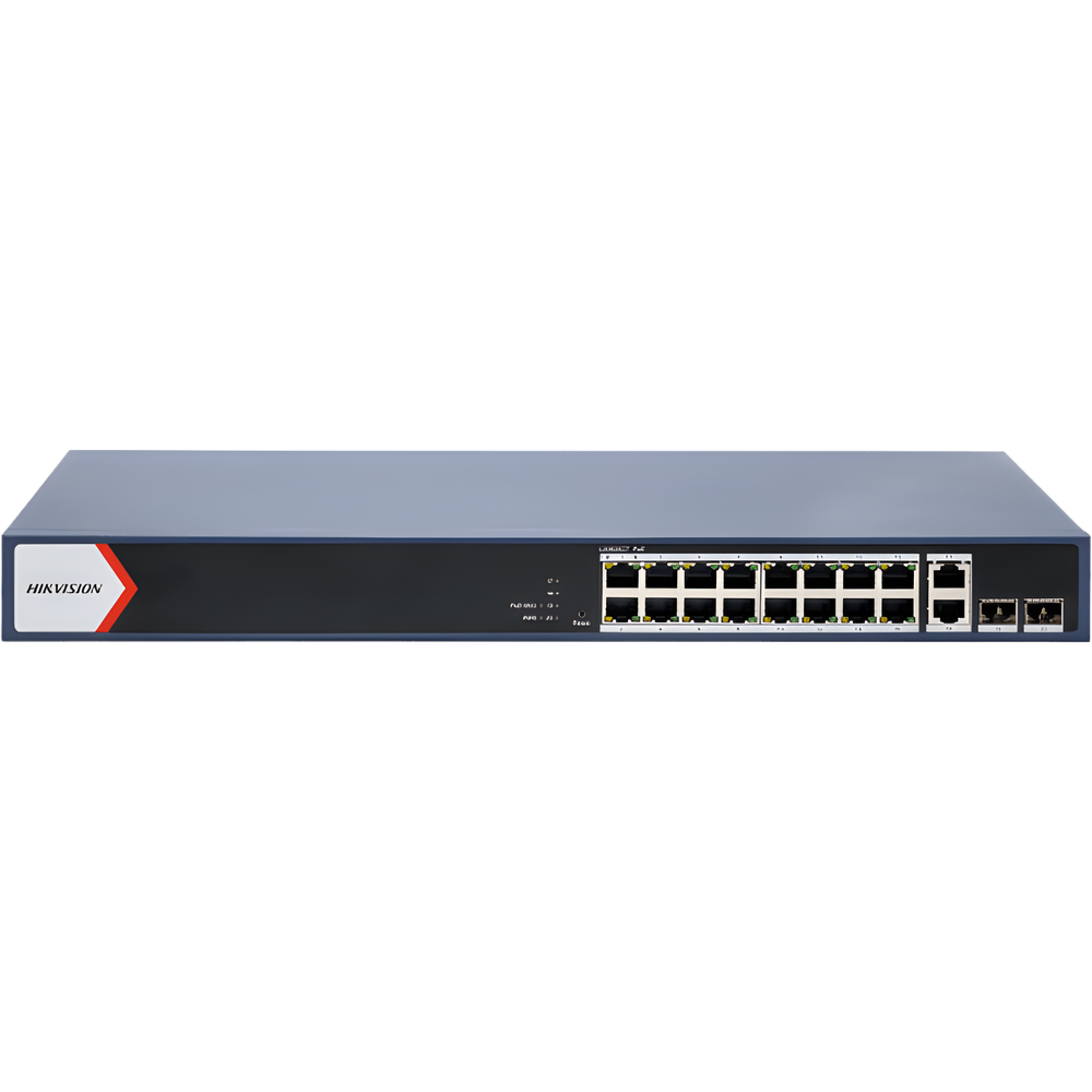 Switch PoE+ / Administrable / 16 puertos 1000 Mbps PoE+ / 2 Puertos 1000 Mbps Uplink / 2 Puertos SFP de Uplink / Configuración Nube Hik-Partner Pro / Modo Extendido hasta 300 metros / 230 W