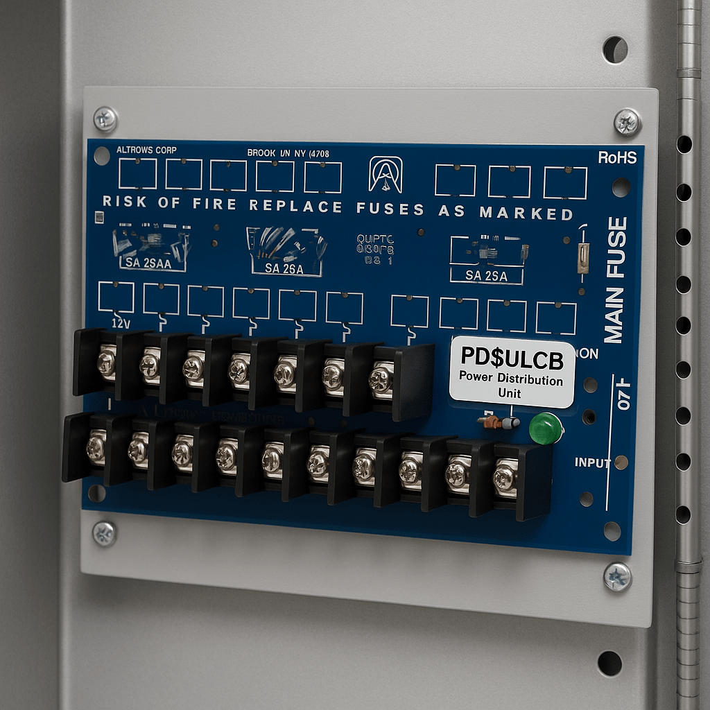Módulo Distribuidor de Energía UL / 8 Salidas Clase 2 Protegidas PTC / Entrada 12-24VDC o 24-28VAC / Auto-resetable 2A por Salida / UL294-UL603-UL1481 / Montaje Incluido