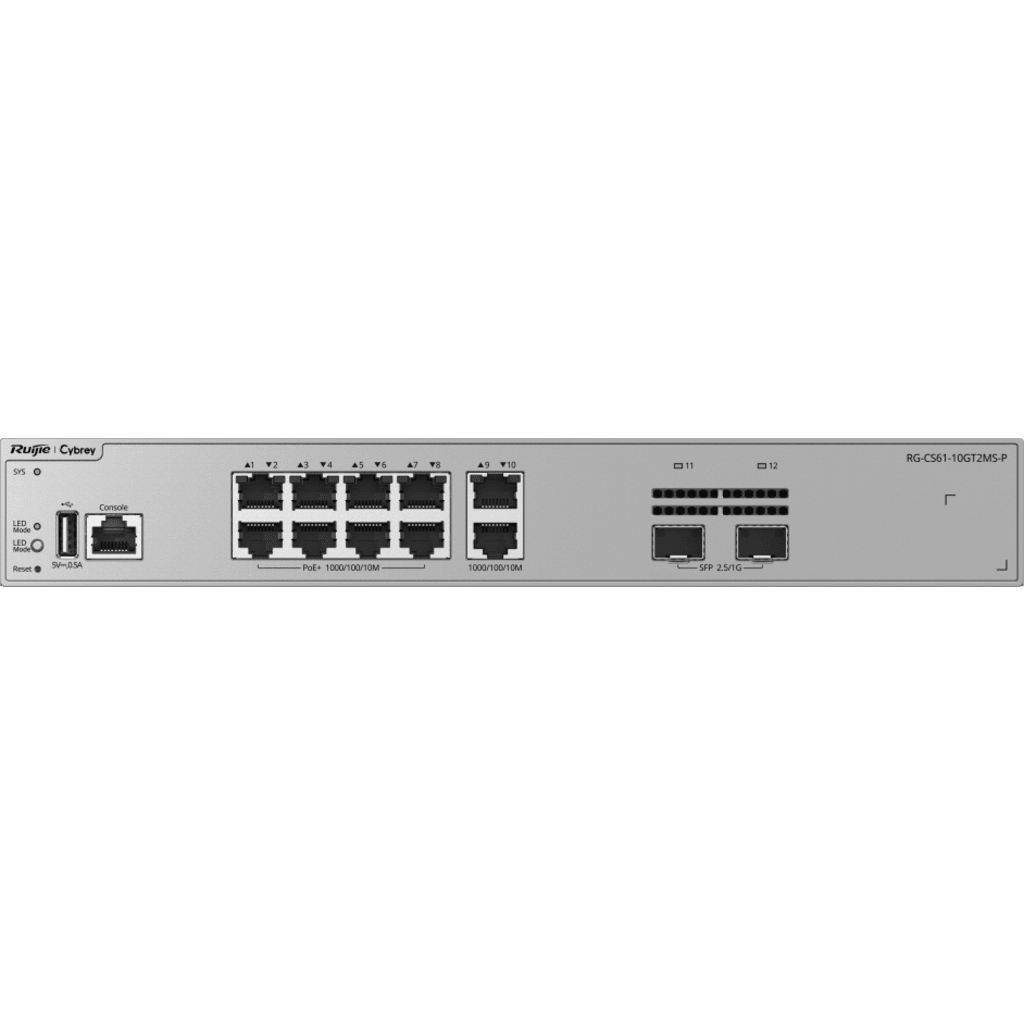 Switch Capa 3 / 10 Puertos Gigabit PoE+ / 2 Puertos SFP 2.5GE / Capacidad de Conmutación 30 Gbps / PoE Budget 125 W / Diseño sin Ventilador / Protección contra Sobretensiones 10 kV / VSU / OSPF / RIP / Línea Cybrey