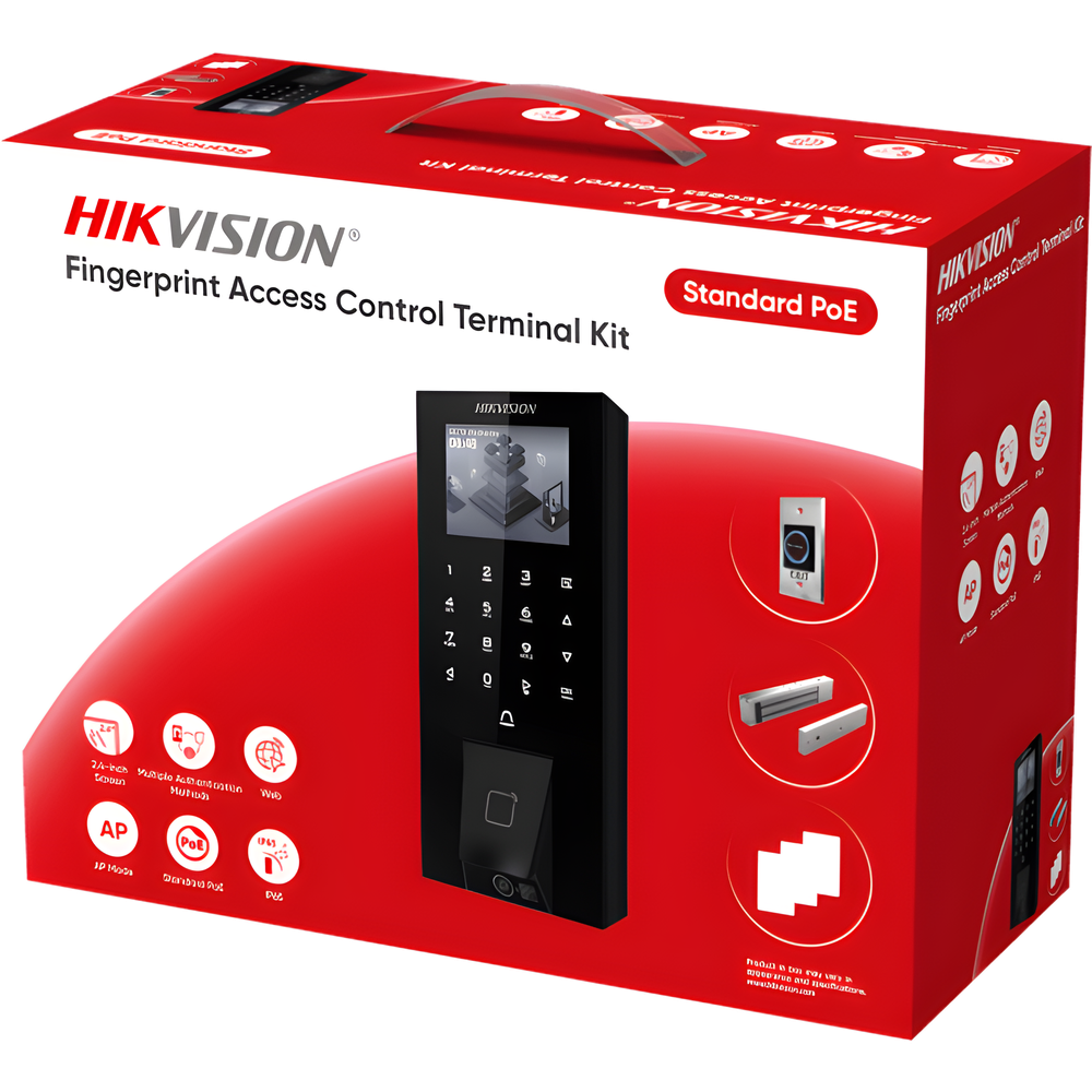 Kit Terminal Control Acceso Biométrico DS-KAS807 / Huella Digital / Códigos QR / 2.4" LCD / 5000 Huellas + 5000 Tarjetas / IP65 / Wi-Fi + PoE / Cerradura Magnética 272 kg / Botón Touchless