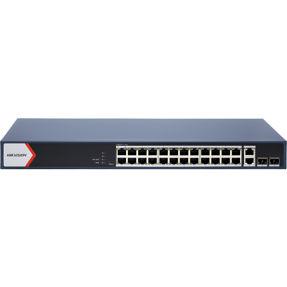 Switch Gigabit PoE+ / Administrable / 24 Puertos 1000 Mbps PoE+ / 2 Puertos 1000 Mbps Uplink / 2 Puertos SFP Uplink / Configuración Nube Hik-Partner Pro / Modo Extendido hasta 300 Metros / 230 W