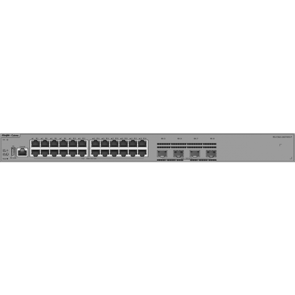 Switch Gigabit PoE+ Gestionable / 24 Puertos 10/100/1000BASE-T PoE+ / 4 Puertos SFP+ 1GE/2.5GE/10GE / Capacidad 128 Gbps / Tasa de Reenvío 95.232 Mpps / PoE Budget 370 W / Protección Sobretensión 10 kV / VSU / Línea Cybrey