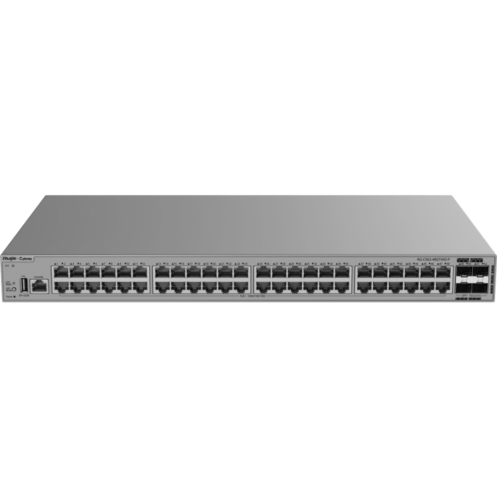 Switch Gigabit PoE+ 48 Puertos / 4 Puertos SFP+ 10GE / Capacidad de Conmutación 176 Gbps / Tasa de Reenvío 130.944 Mpps / PoE 370 W / Capa 3 / VSU / Ventilación Forzada / 1 RU / Línea Cybrey