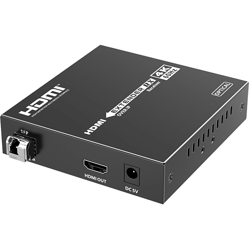 Receptor HDMI sobre IP | 4K60Hz | Fibra Óptica 40 km (24.85 mi) | 18 Gbps | HDMI 2.0 | HDCP 1.4/2.2 | IR | Protección ESD