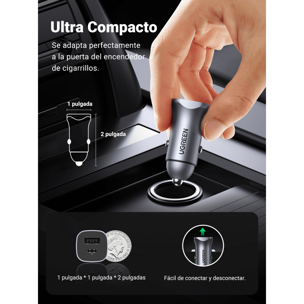 Cargador de Auto 24W | Puerto USB-A y USB-C | Carga Rápida | Compatible con Vehículos de 12 y 24 VCD | PD3.0 + QC3.0 | Indicador Led | Diseño Compacto | Chip Inteligente | Caja de Aluminio