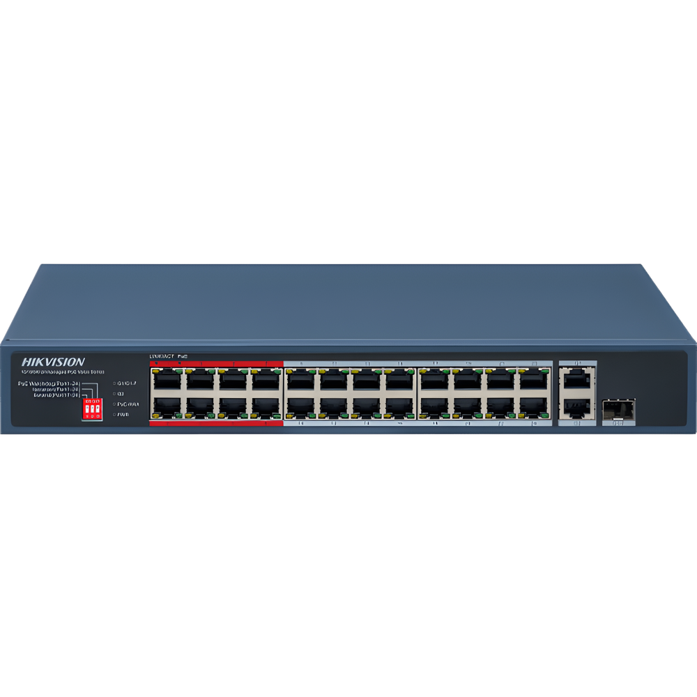 Switch PoE+ / No Administrable / 24 Puertos 10/100 Mbps PoE+ / 2 Puertos 1000 Mbps Uplink / 1 Puerto SFP Uplink / Modo Extendido hasta 300 Metros / 230 W