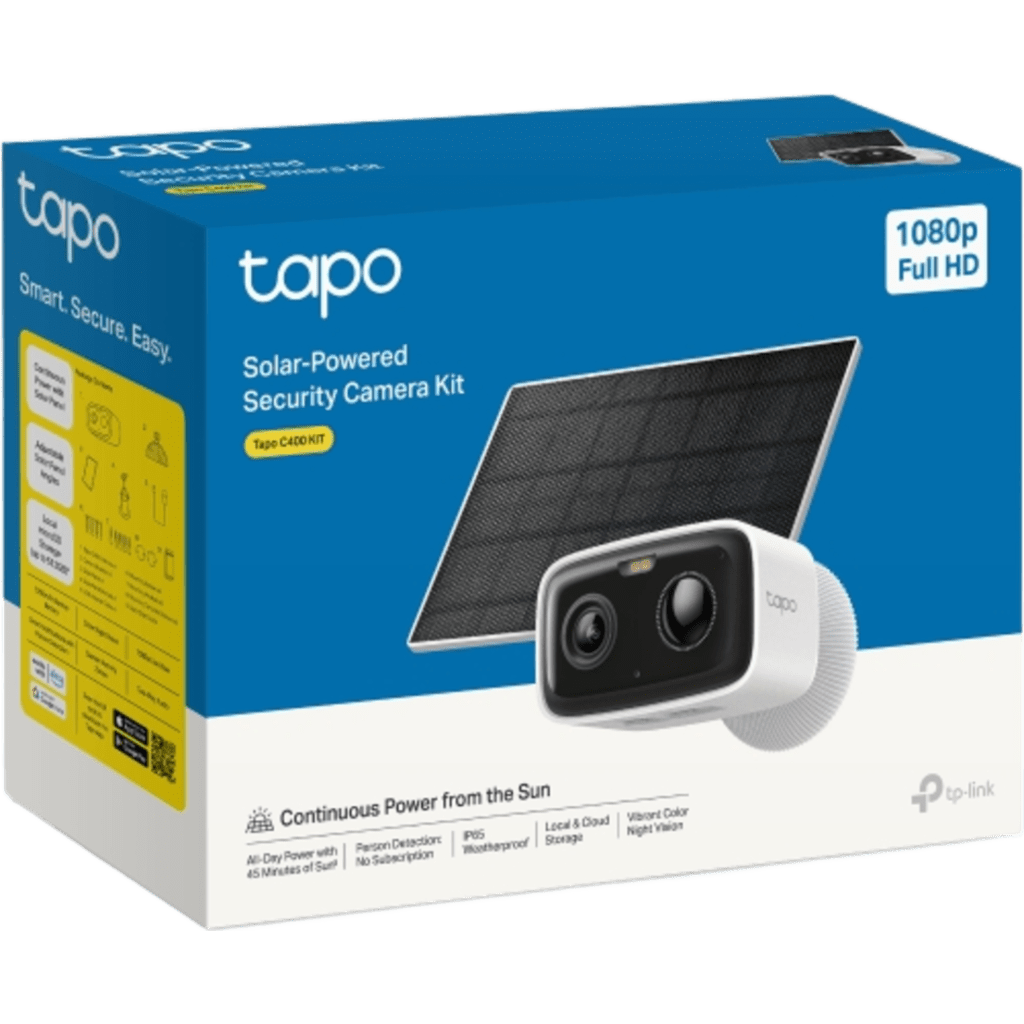 Kit Cámara de Seguridad Solar / 1080P Full HD / Batería Recargable 5,200 mAh / Autonomía 180 Días / Panel Solar con Cable 1 m (3.28 ft) / Visión Nocturna a Color / Detección de Personas por IA / Sirena 70 dBA / IP
