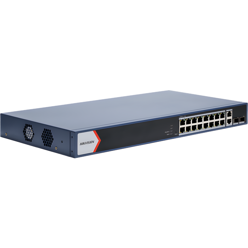 Switch PoE+ / Administrable / 16 puertos 1000 Mbps PoE+ / 2 Puertos 1000 Mbps Uplink / 2 Puertos SFP de Uplink / Configuración Nube Hik-Partner Pro / Modo Extendido hasta 300 metros / 230 W
