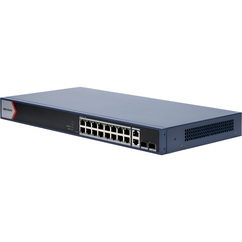 Switch PoE+ / Administrable / 16 puertos 1000 Mbps PoE+ / 2 Puertos 1000 Mbps Uplink / 2 Puertos SFP de Uplink / Configuración Nube Hik-Partner Pro / Modo Extendido hasta 300 metros / 230 W