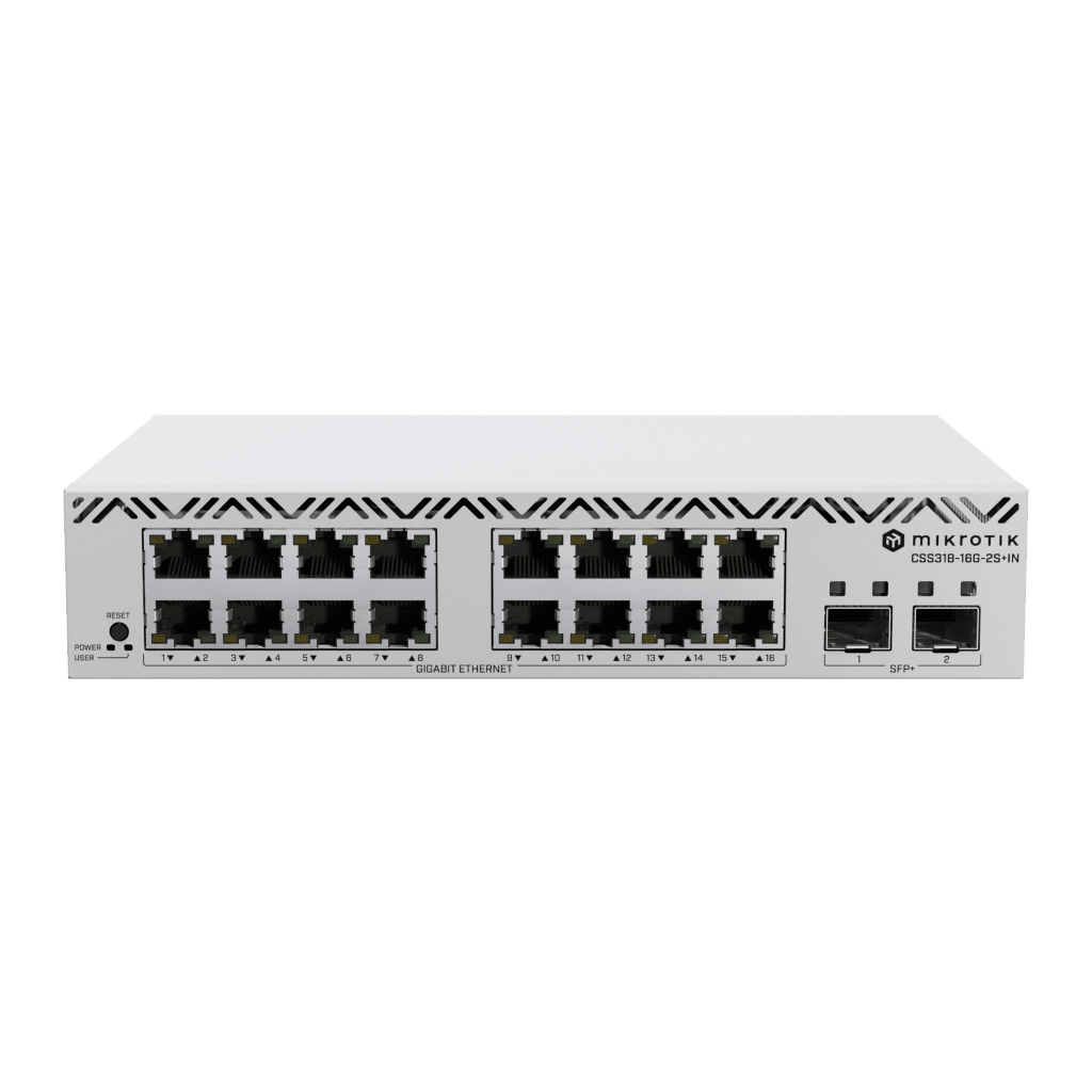 Switch MikroTik con 16 Puertos Gigabit Ethernet / 2 Puertos SFP+ 10G / Filtrado MAC y VLANs / SwOS Configuración Web