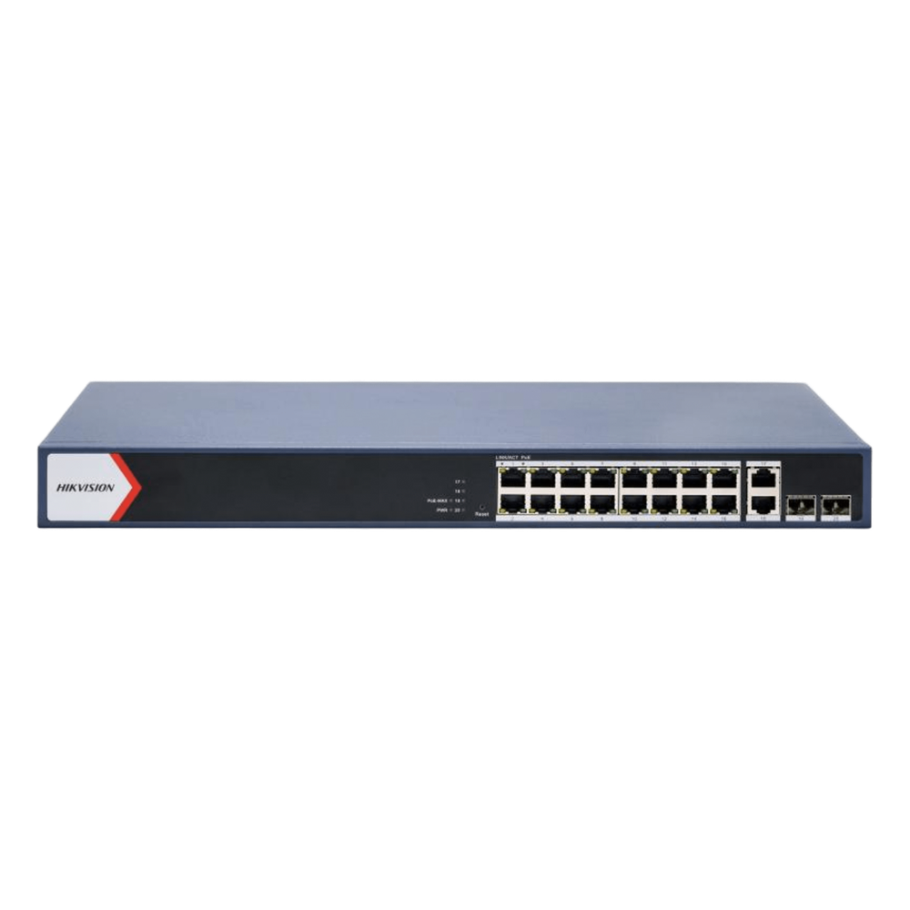 Switch PoE+ / Administrable / 16 puertos 1000 Mbps PoE+ / 2 Puertos 1000 Mbps Uplink / 2 Puertos SFP de Uplink / Configuración Nube Hik-Partner Pro / Modo Extendido hasta 300 metros / 230 W