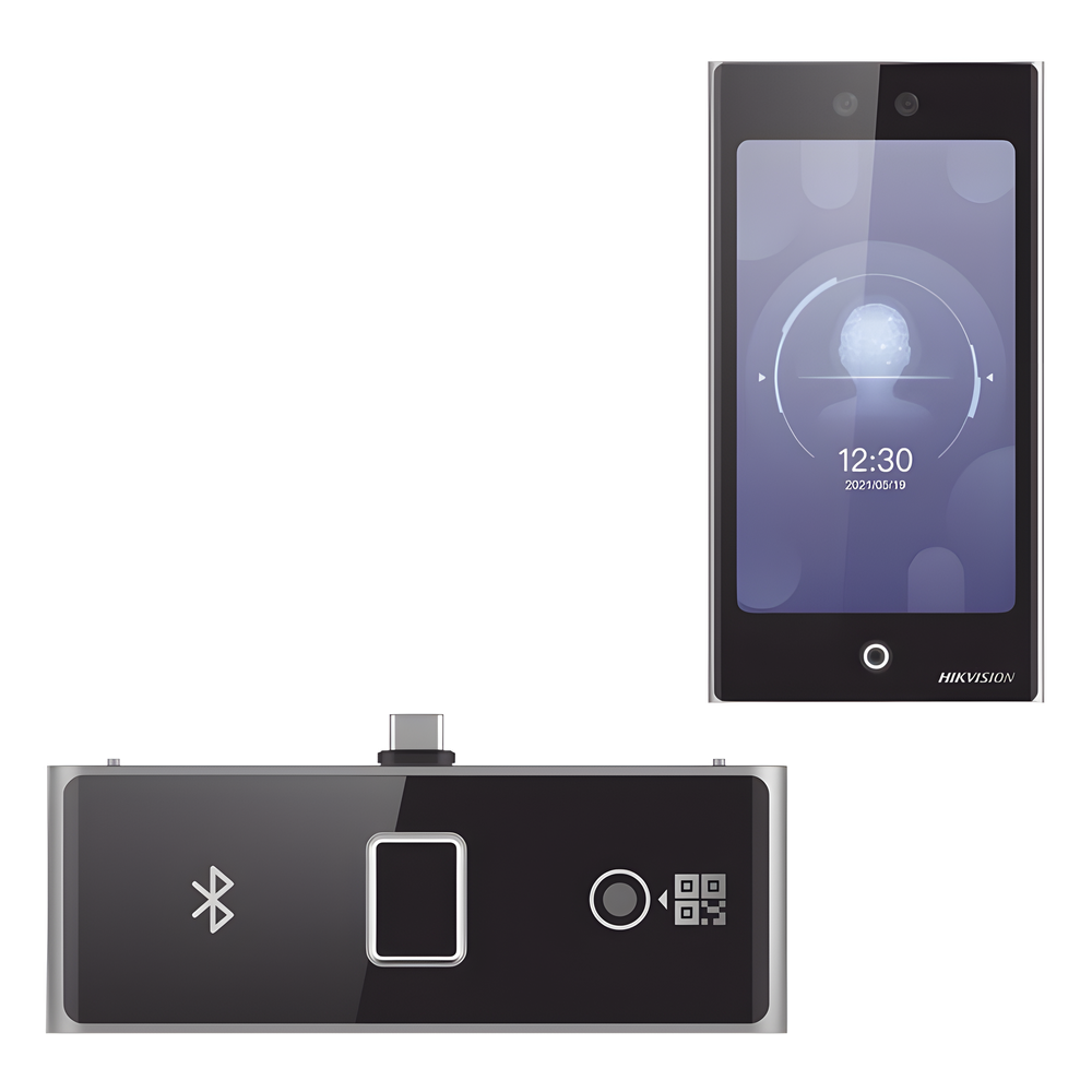 Terminal Facial Min Moe WiFi con pantalla de 7" y Lector de Huellas, Códigos QR y Bluetooth / Exterior IP65 / 10,000 rostros y 50,000 tarjetas / Soporta módulo lector de Huella, QR y Bluetooth / HIK-IA