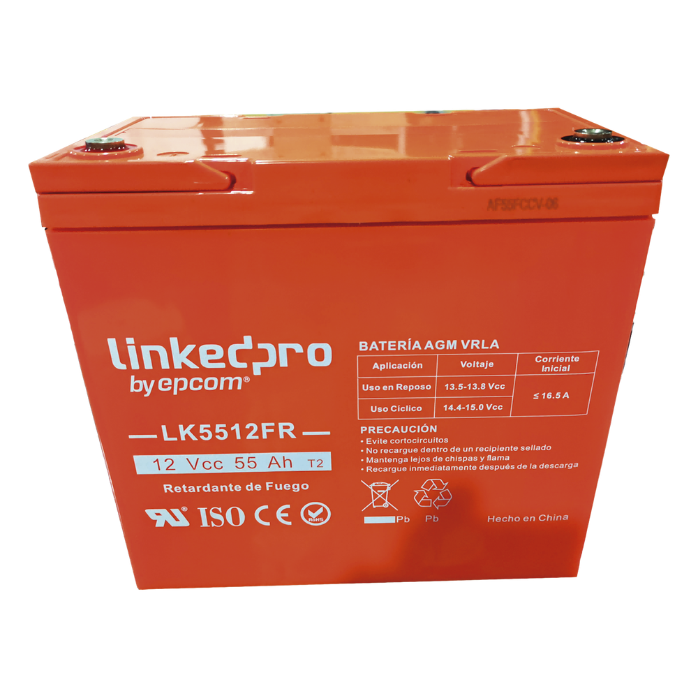 Batería de respaldo 12 V | 55 Ah | AGM | Certificada UL94-V0 Retardante a la Flama | Especial para Seguridad Electrónica | UPS | Sistemas de emergencia | Vida útil 5 años | Terminales T2