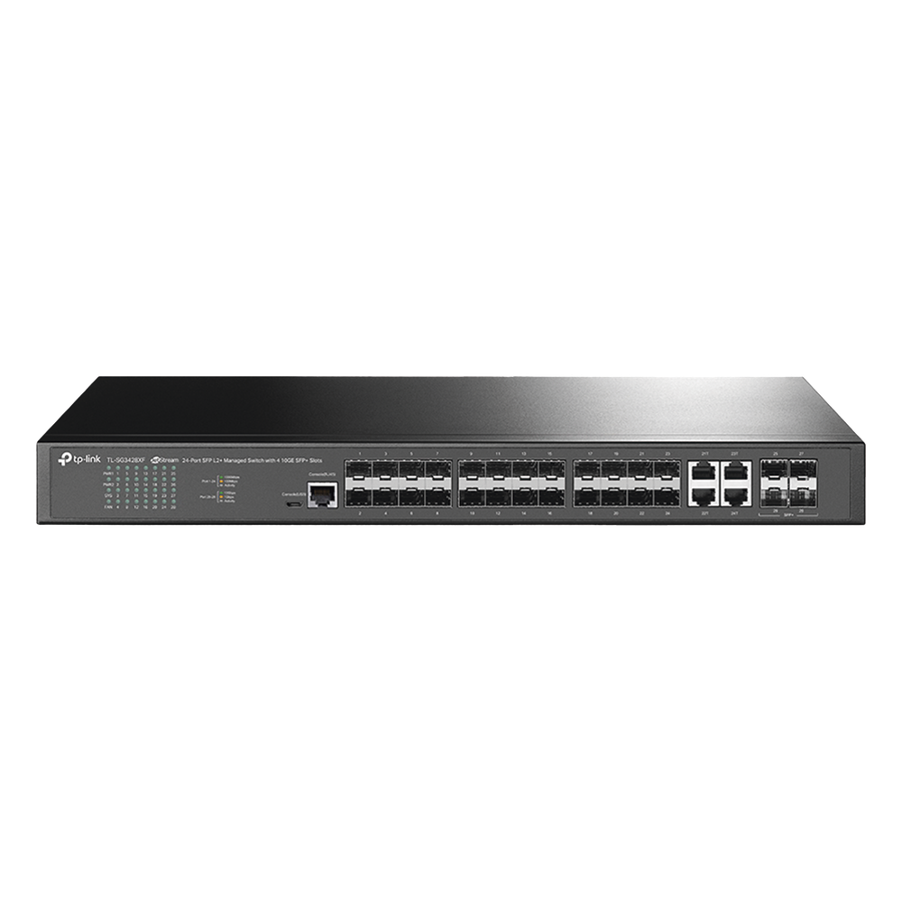 Switch de Fibra Óptica L2+ Omada / 24 puertos SFP 1GE / 4 Puertos Combinados SFP+/RJ45 Gigabit / 2 Puertos Consola RJ45|micro-SUB / Administración Centralizada Omada o Stand-Alone / Compatile con IPv6 / Multicast IGMP