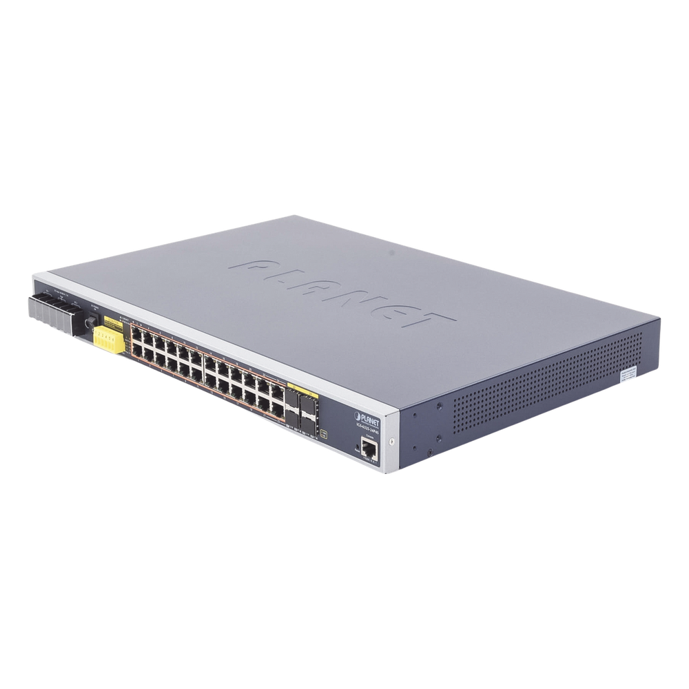 Switch PoE Industrial Capa 3, Con 24 Puertos PoE Gigabit 802.3af/at, 4 Puertos SFP Compartidos 100 / 1000X, Soporta temperaturas extremas de -40 ~ 75°C