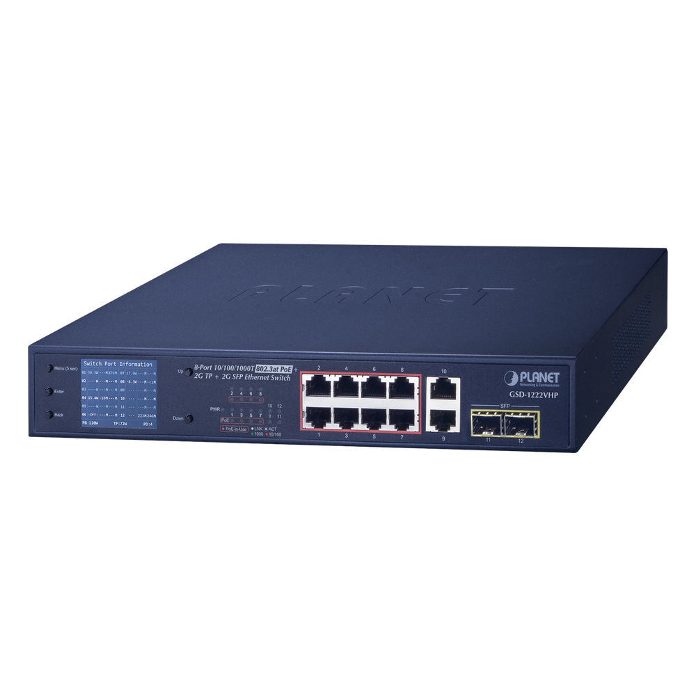 Switch No Administrable 8 Puertos Gigabit con Modo Extender a 250 m, 2 Puertos Uplink 10/100/1000 Mbps, 2 Puertos SFP