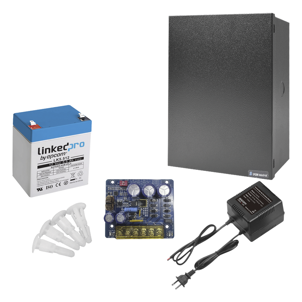 Kit con fuente PLB3 con salida de 12 Vcc a 4 Amper, incluye transformador y batería de 12 V a 5.5 Amper