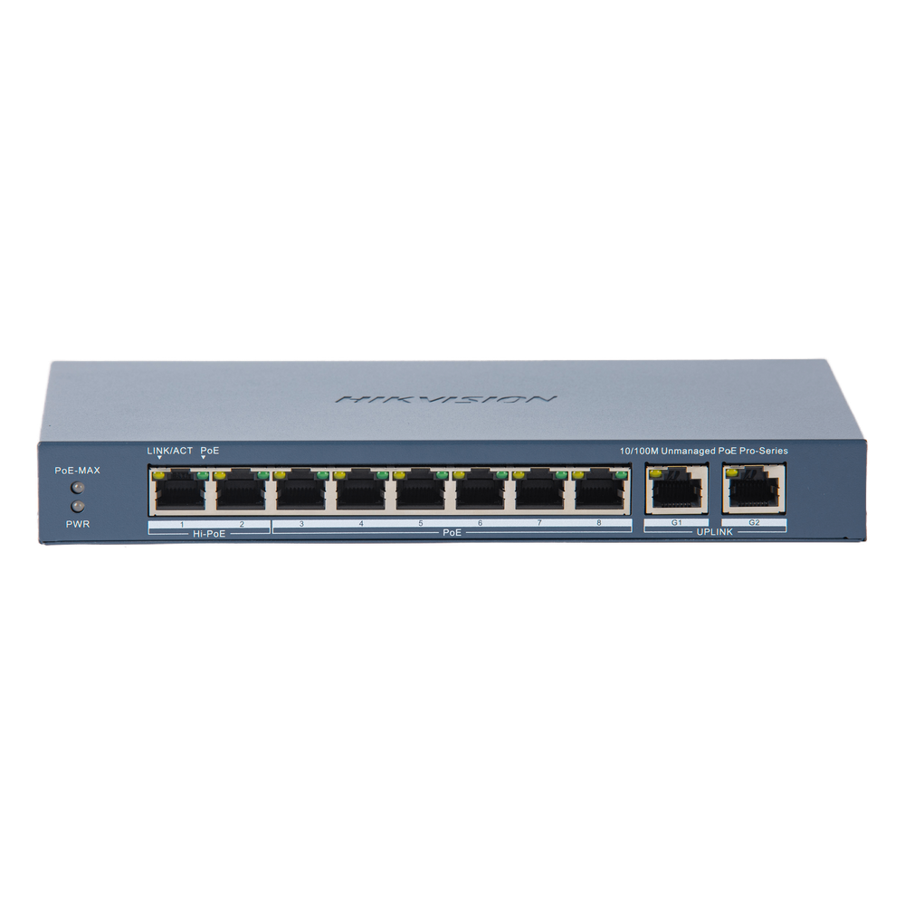 Switch PoE+ / No Administrable / 7 Puertos 10/100 Mbps 802.3 af/at (30 W) / 1 Puerto 10/100 Mbps Hi-PoE (90 W) / 2 Puertos 1000 Mbps Uplink / Modo Extendido hasta 300 Metros / 110 Watts