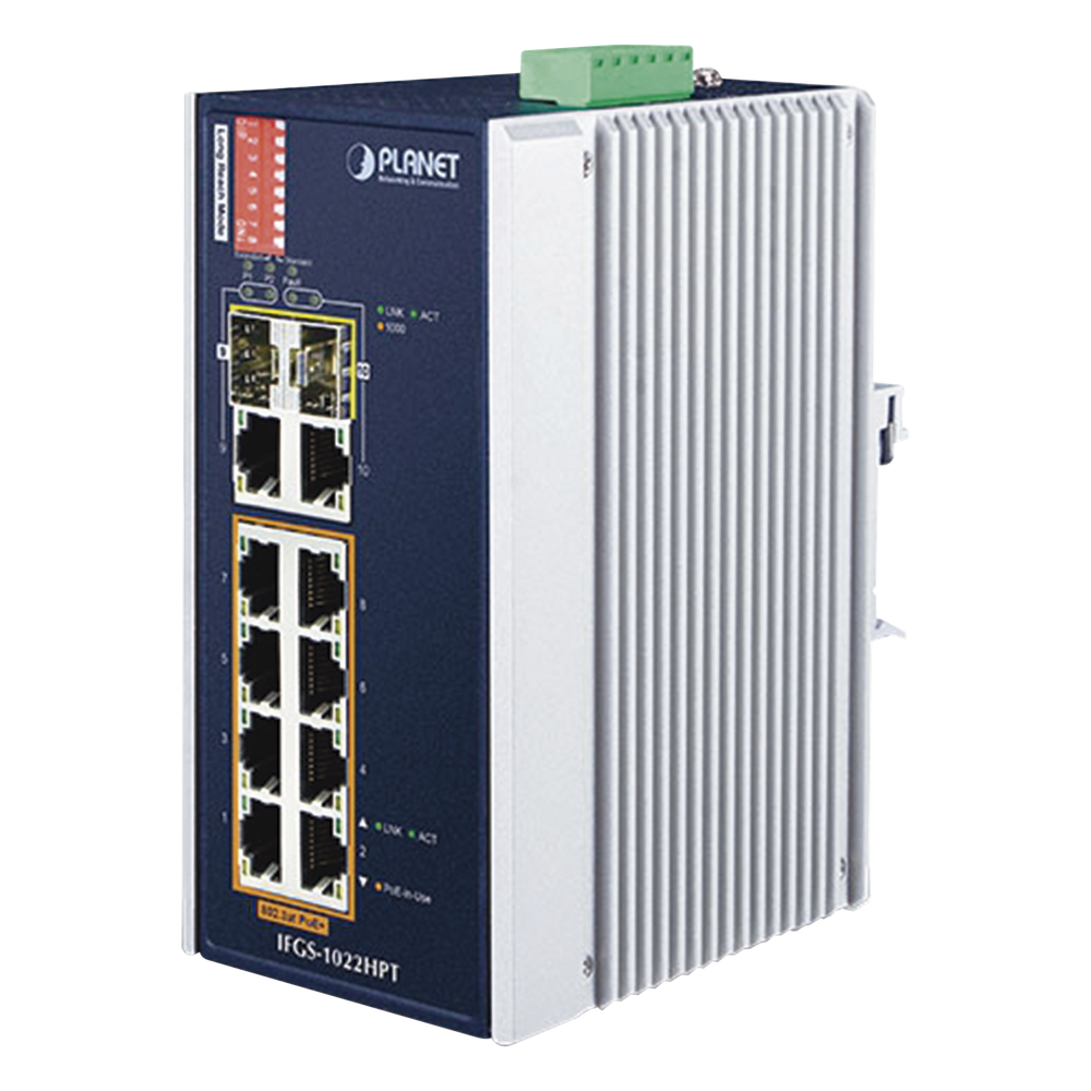 Switch Industrial PoE no administrable de 8 Puertos 10/100TX 802.3at, Hasta 240 W, Combo TP / SFP Gigabit TP / SFP (-40 ~ 75 grados C)