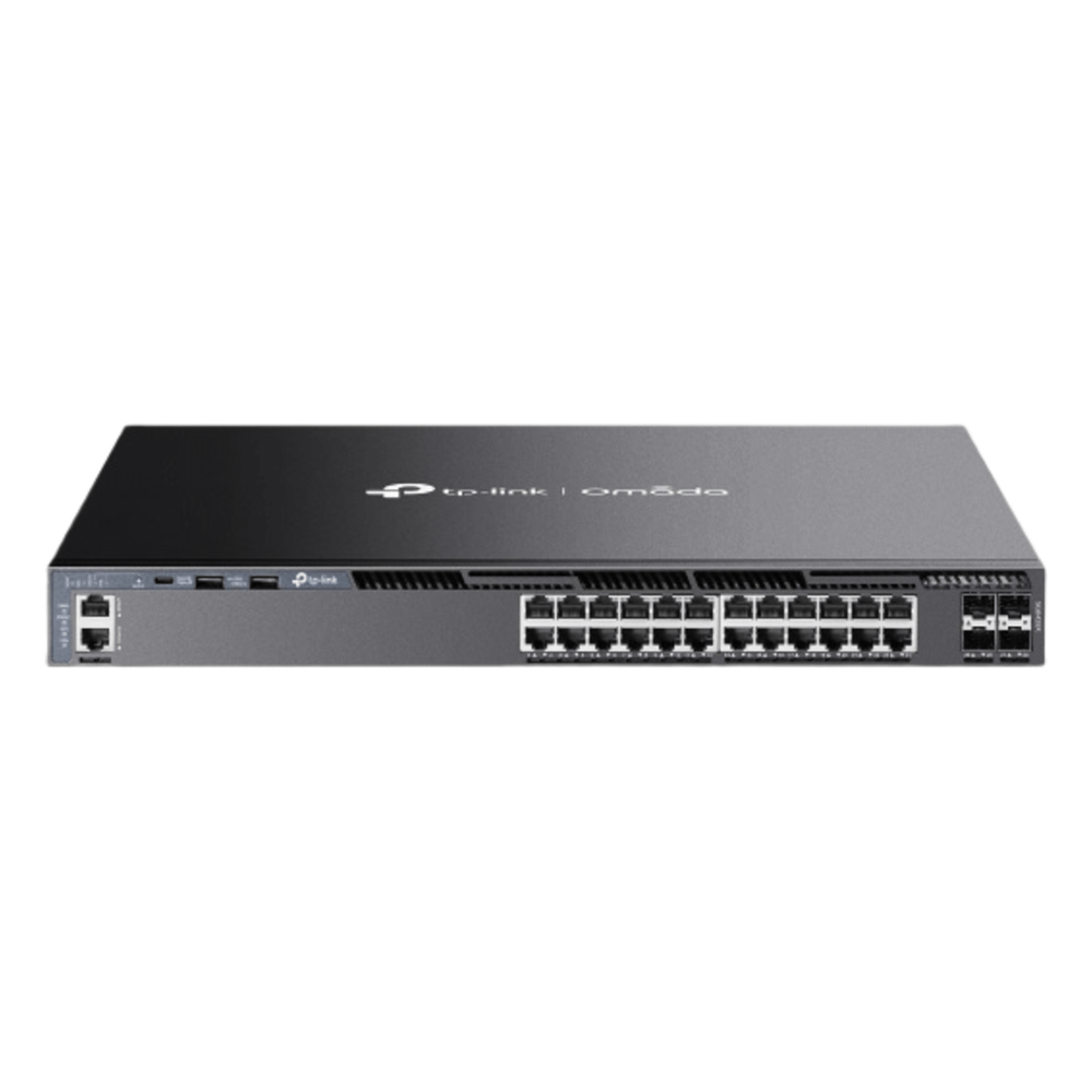 Switch Gestionable L3 Stackable / 24 Puertos Gigabit + 4 Slots 10G SFP+ / Capacidad de Conmutación 128 Gbps / Stack Físico hasta 8 Unidades / L3 RIP OSPF VRRP PIM / Gestión Cloud Omada SDN