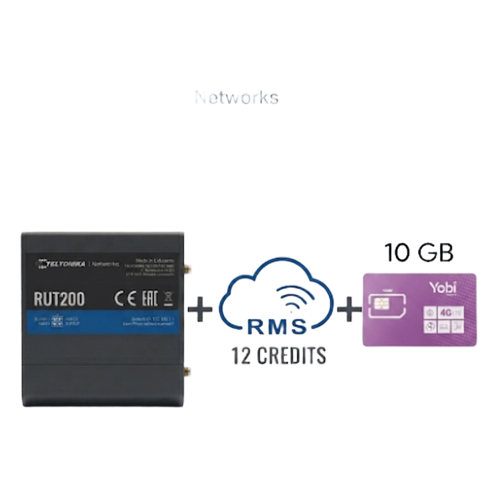 Router Teltonika LTE/4G RUT200 + 12 creditos RMS + SIM de YOBI de 10GB por Mes durante un año de servicio (solo datos)