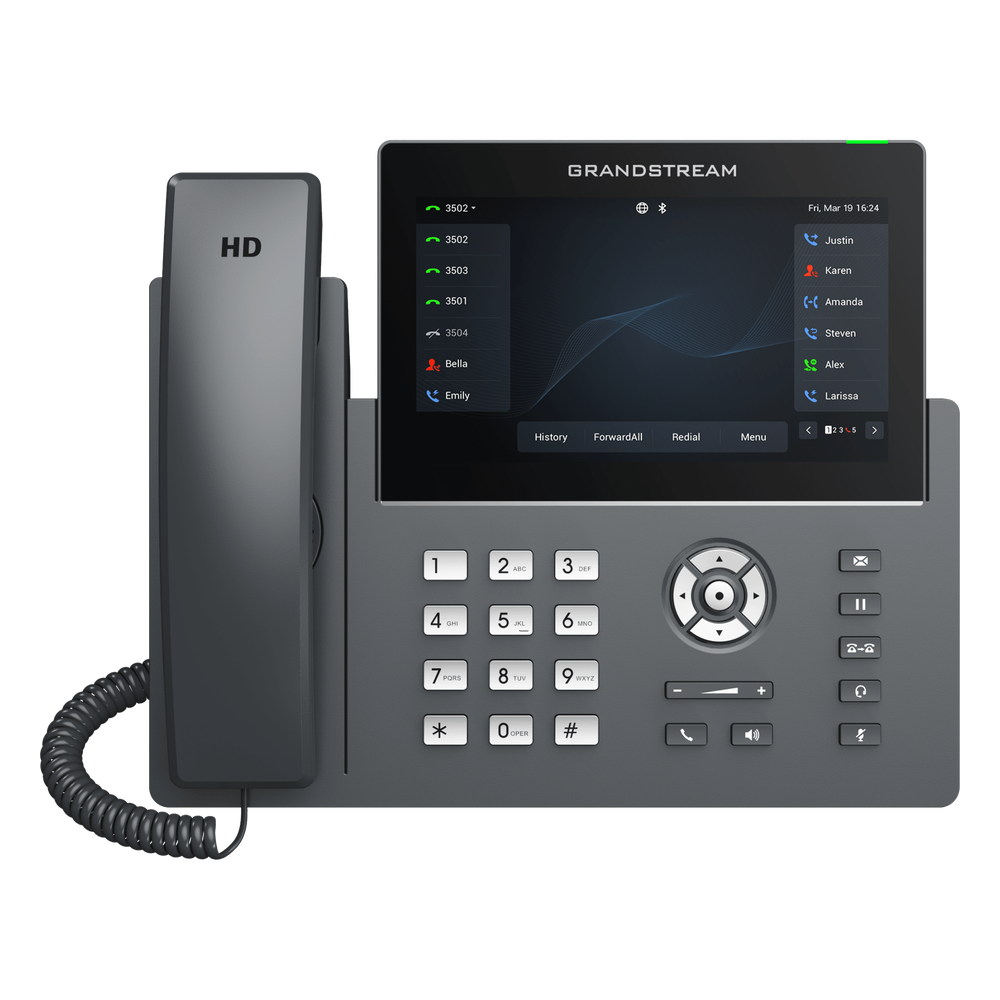 Teléfono IP Wi-Fi, Grado Operador, 12 líneas SIP con 6 cuentas, pantalla táctil 7", puertos Gigabit, Bluetooth, PoE, codec Opus, IPV4/IPV6 con gestión en la nube GDMS