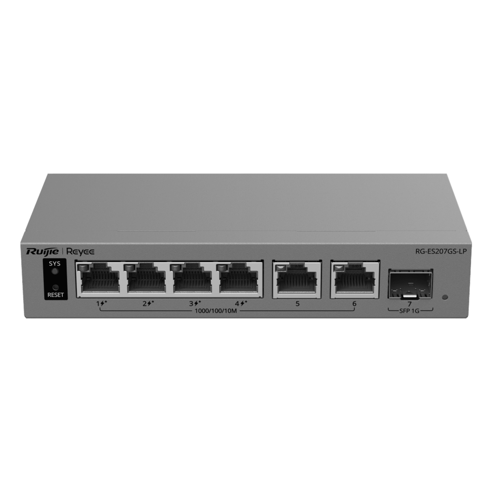 Switch Capa 2 Smart Cloud Managed / 7 Puertos Gigabit / 2 PoE++ 802.3bt + 2 PoE+ 802.3at / 1 Puerto SFP 1GE / Presupuesto PoE 120 W / Protección contra Sobretensiones 6 kV / PoE Permanente / Gestión en la Nube Ruijie Cloud / Gabinete Met&