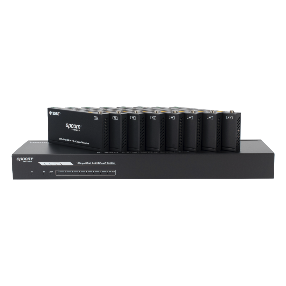 Splitter mas Extensor de Video | 1x8 | ProAV | HDBaseT™ | 120m en 4K@60Hz | 150m en 1080p@60Hz | Cat6/6a/7 | Gestión Avanzada EDID | Control IR y RS232 | PoC | Salida de Audio