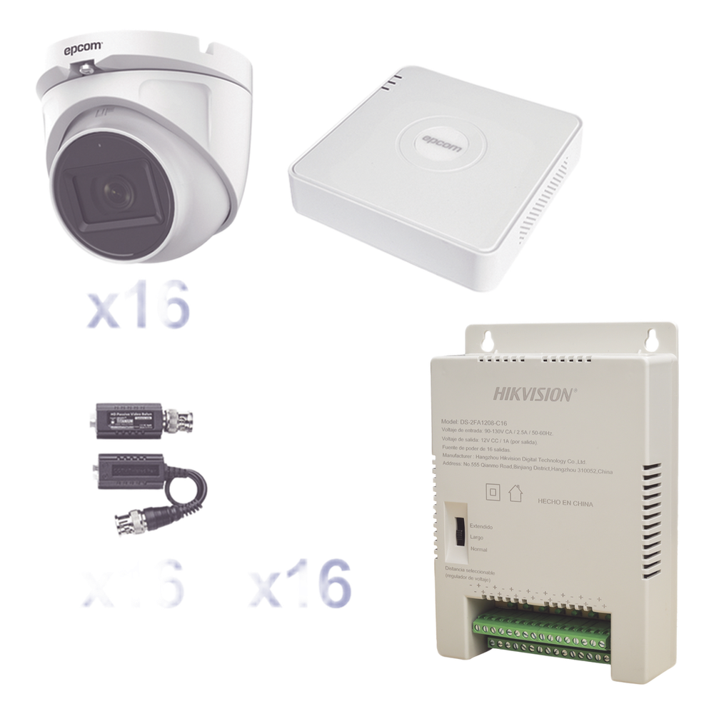 KIT TurboHD 1080p Lite / DVR 16 Canales / 16 Cámaras Eyeball Exterior ( 2.8mm) / Transceptores / Conectores / Fuente de Poder Profesional