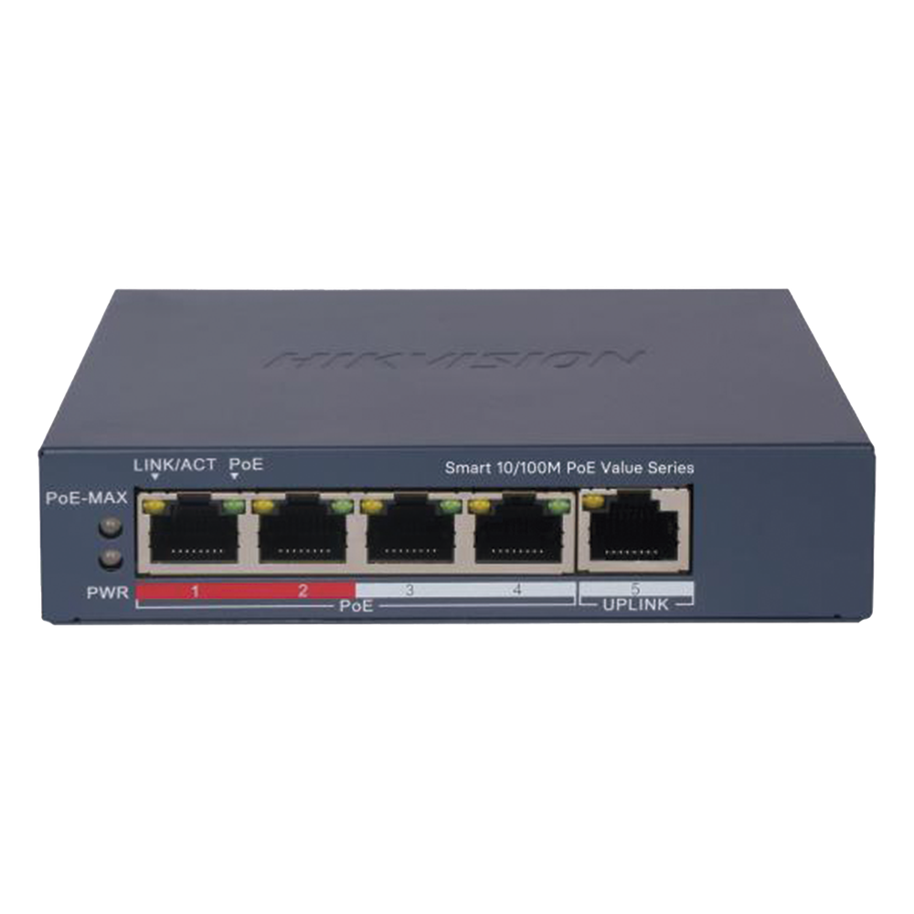 Switch PoE+ / Monitoreable / 4 Puertos 10/100 Mbps PoE+ / 1 Puerto 10/100 Mbps Uplink / Configuración Nube Hik-PartnerPro / Modo Extendido hasta 300 Metros / 45 W