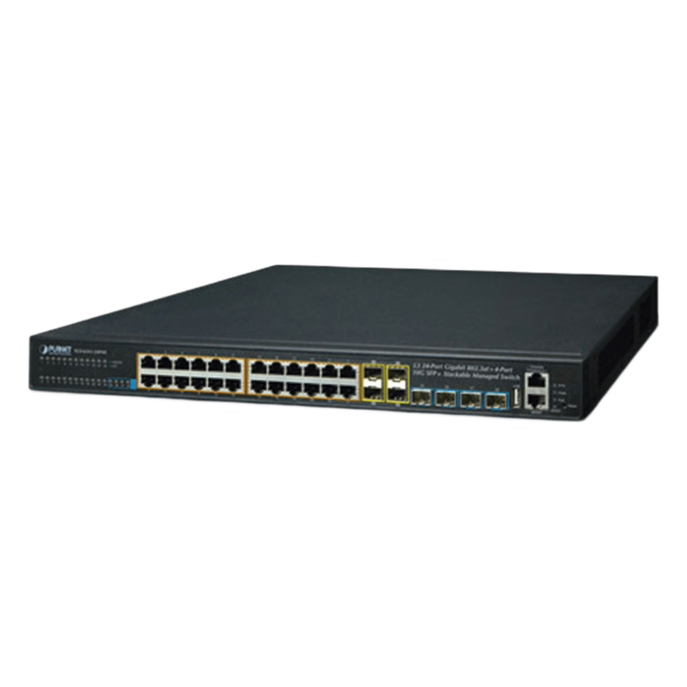 Switch Administrable Stacking Capa 3, 24 Puertos PoE 802.3af/at 10/100/1000T, Hasta 370 W, 4 Puertos 10G SFP+