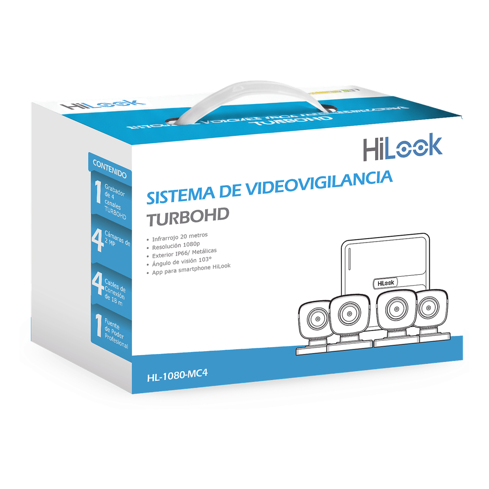 KIT TurboHD 1080p / DVR 4 canales / 4 Cámaras Bala de Metal / H.265+ / 1 Fuente de Poder Profesional / Accesorios de Instalación