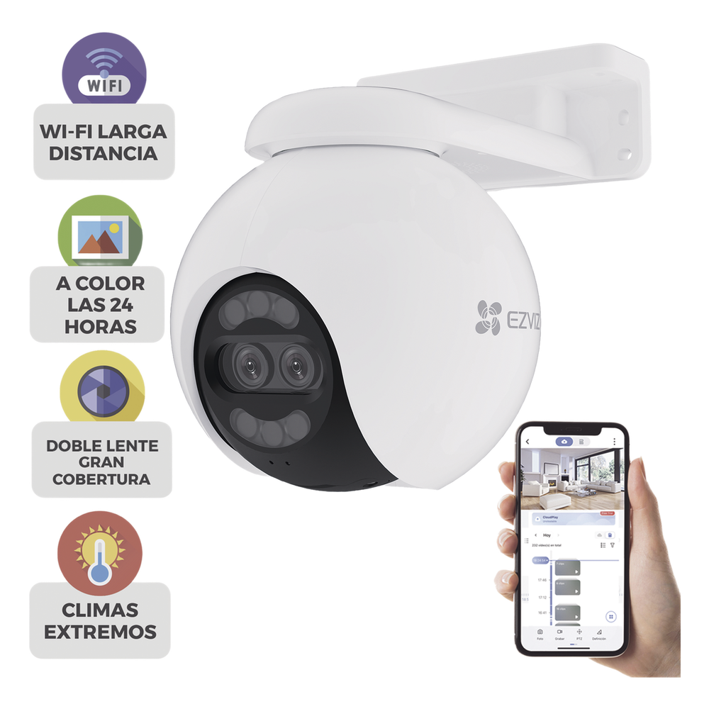 Cámara PT / Wi-Fi / Lente Dual / Panorámica 360° / Resolución 4K / Visión Nocturna ColorFULL / IA Detección de Humanos y Vehiculos / Alarma con Sirena y Luz / IP65