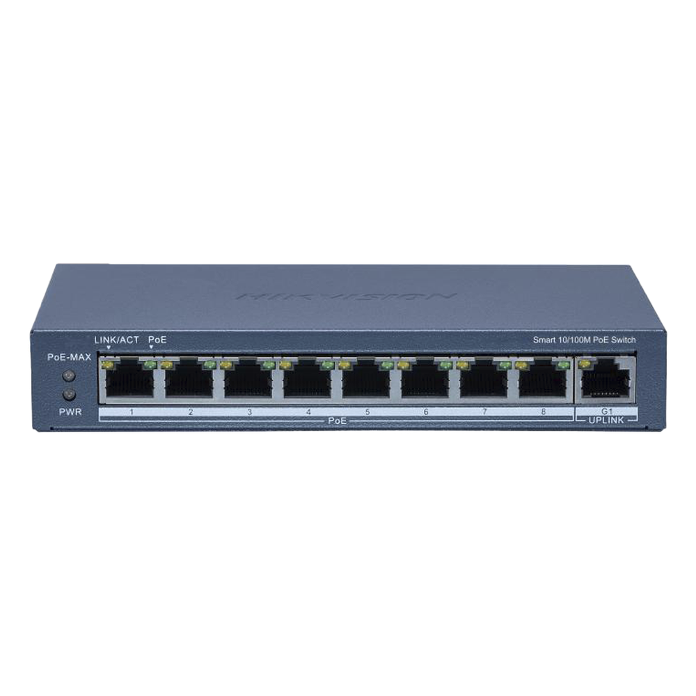 Switch PoE+ / Monitoreable / 8 Puertos 10/100 Mbps PoE+ / 1 Puerto 1000 Mbps Uplink / Configuración Nube Hik-Partner Pro / Modo Extendido hasta 300 metros / 60 W