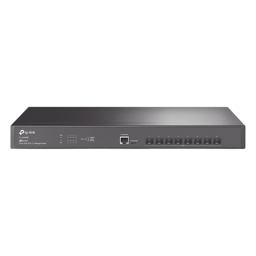 Switch Fibra Óptica L2+ Omada / 8 Puertos SFP+ 10G / 2 Puertos Consola (RJ45 y micro-USB) / Administración Centralizada Omada o Stand-Alone / Multicast IGMP / Calidad de Servicio / Montaje en Rack / Silencioso (sin ventiladores)