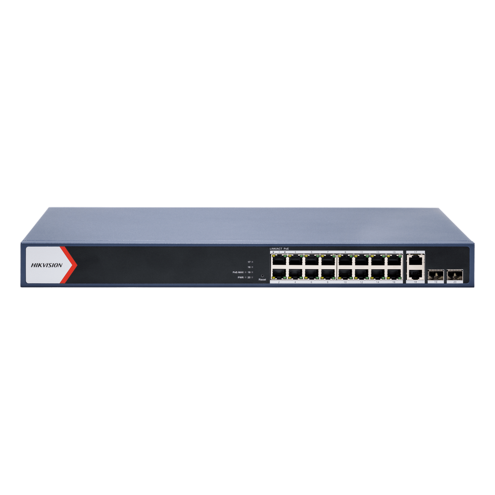 Switch Gigabit PoE+ / Monitoreable / 16 Puertos 1000 Mbps PoE+ / 2 Puerto 1000 Mbps de Uplink / 2 Puerto SFP / Configuración Nube desde Hik-PartnerPro / Modo Extendido hasta 300 Metros / 125 Watts
