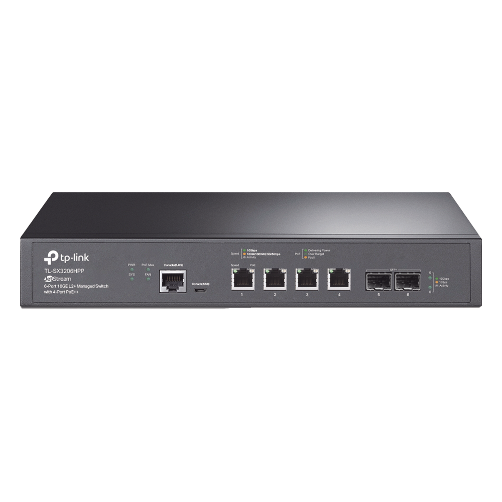 Switch L2+ PoE++ Omada 6 Puertos 10G / 4 Puertos 802.3 af/at/bt Multi-Gigabit 1G, 2.5G, 5G, 10G / 2 Puertos SFP+ 10G / Multicast IGMP / Adminstración Centralizada Omada o Stand-Alone / Presupuesto PoE 200W / Montaje Rack-Escritorio