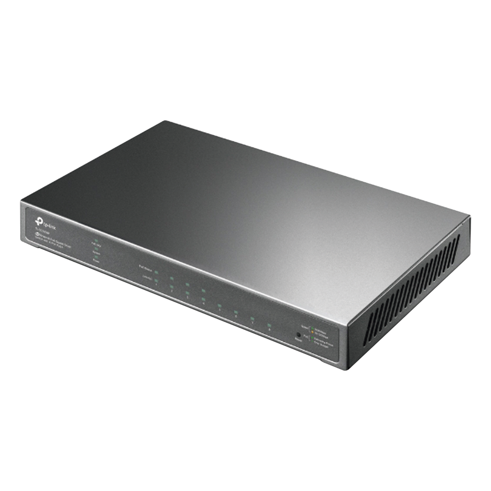 Switch Omada / 8 Puertos Gigabit / 4 Puertos PoE+ 802.3at/af / Presupuesto PoE 62 W / 30 W por Puerto / Gestión Cloud Omada / L3 Static Routing / Sin Ventilador / Metal