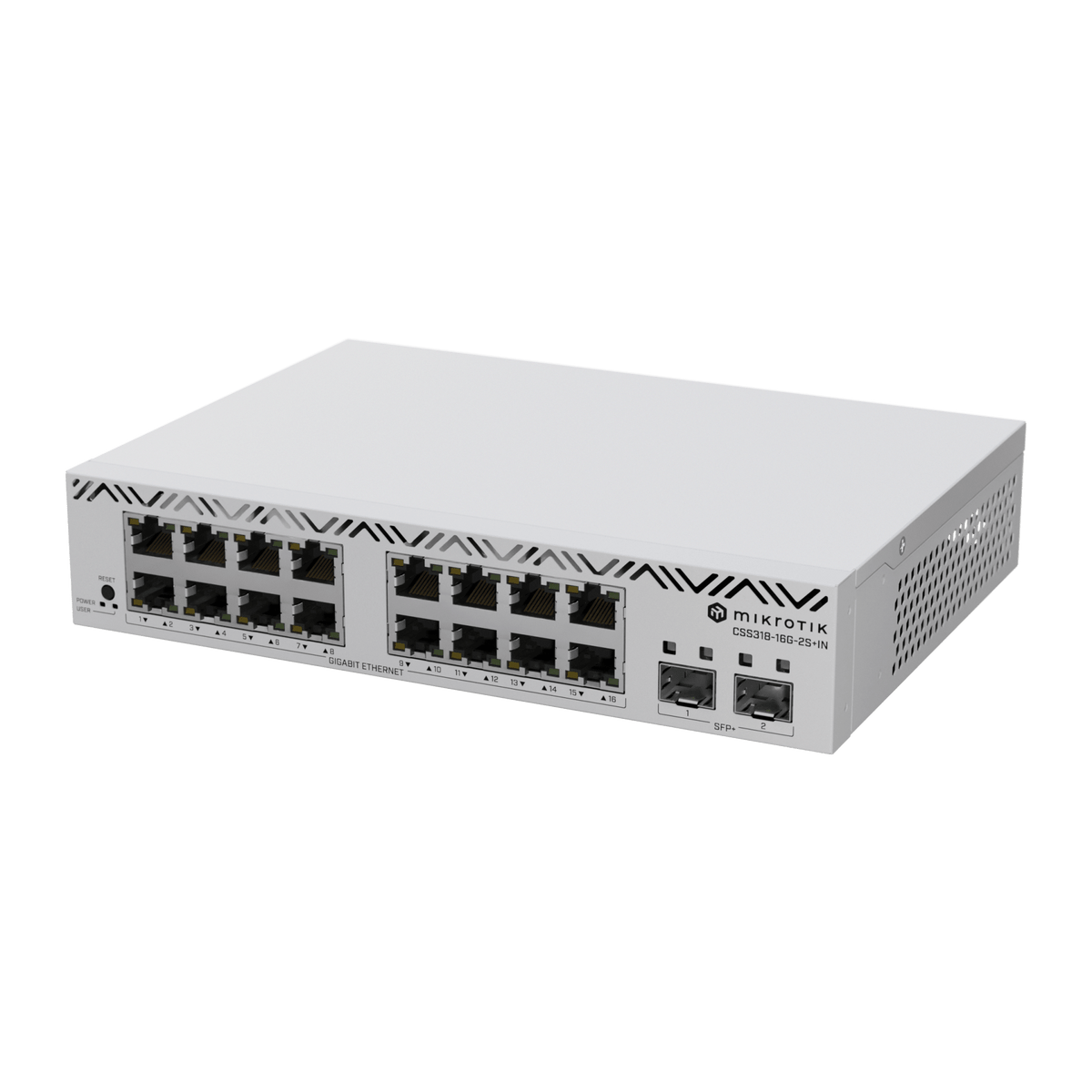 Switch MikroTik con 16 Puertos Gigabit Ethernet / 2 Puertos SFP+ 10G / Filtrado MAC y VLANs / SwOS Configuración Web