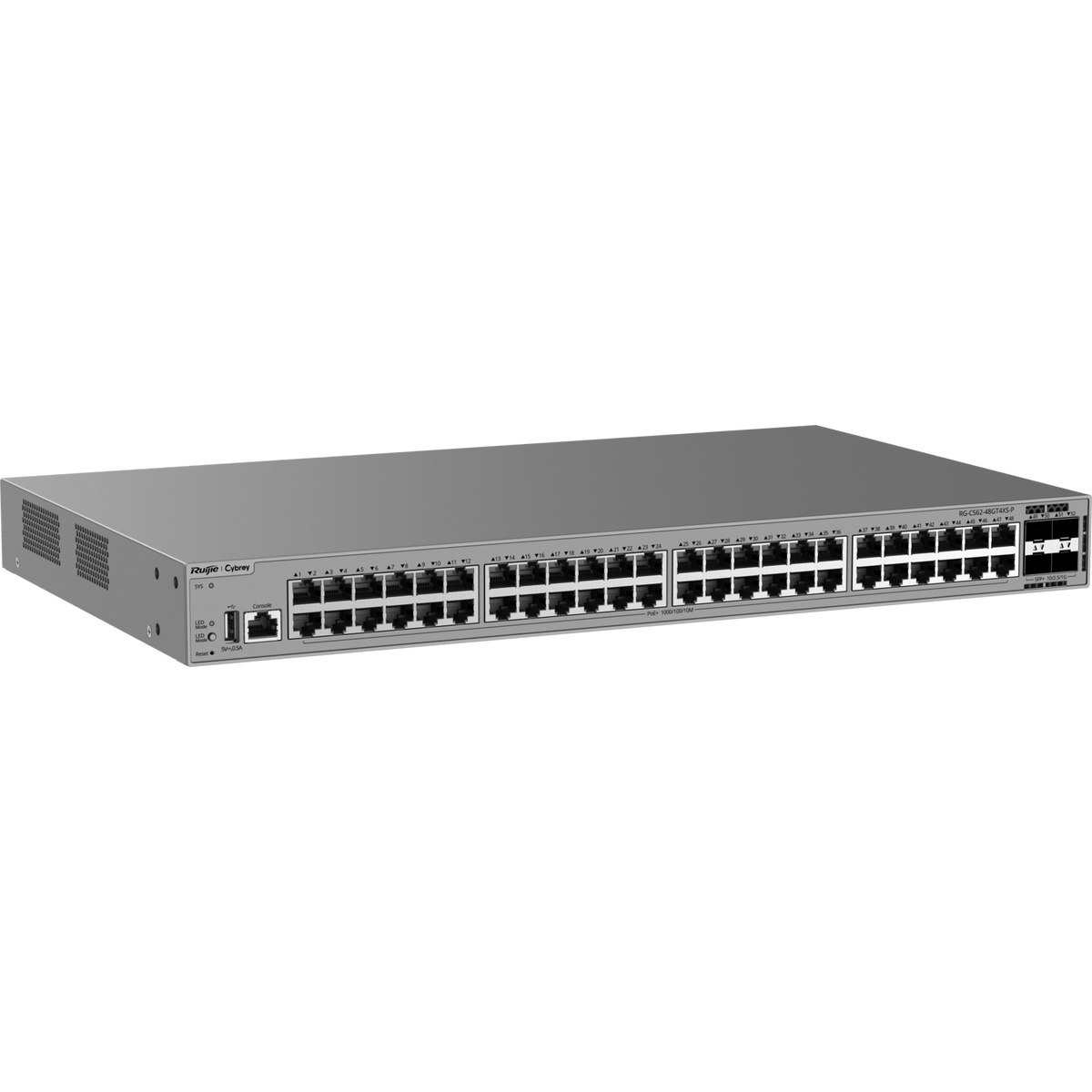 Switch Gigabit PoE+ 48 Puertos / 4 Puertos SFP+ 10GE / Capacidad de Conmutación 176 Gbps / Tasa de Reenvío 130.944 Mpps / PoE 370 W / Capa 3 / VSU / Ventilación Forzada / 1 RU / Línea Cybrey