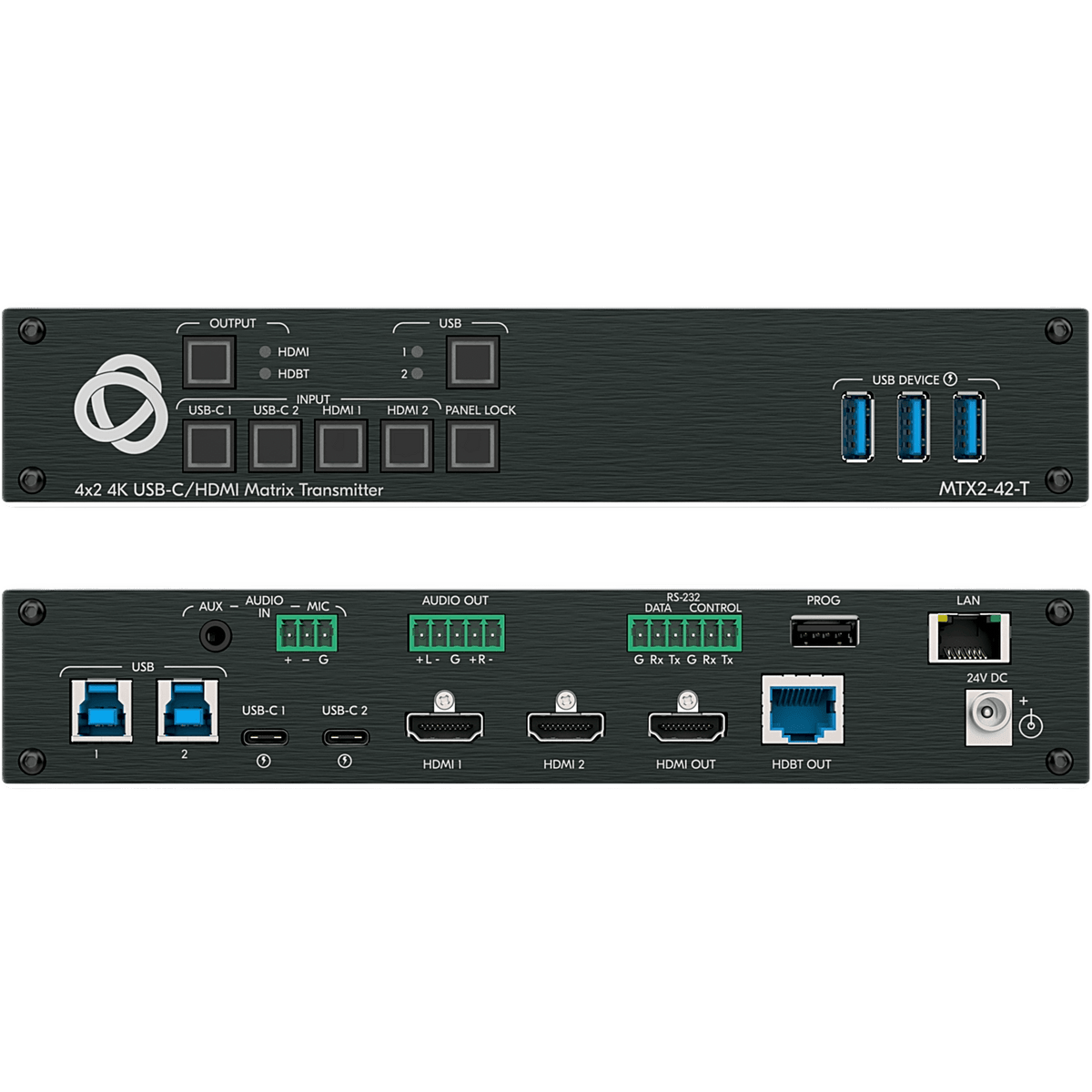Transmisor Matricial Integrado | 2 Entradas USB-C y 2 HDMI/USB | Salidas HDMI y HDBaseT | USB 2.0 sobre HDBT | DSP de Audio Integrado | HDCP 2.2 | 4K60 18 Gbps | Carga USB-C hasta 60 W | Extensión hasta 70 m (230 ft) | Montaje Bajo Mesa o Podio