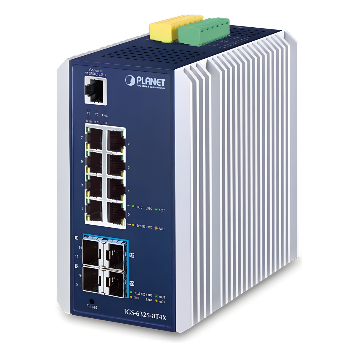 Switch Ethernet Gestionado Capa 3 Industrial DIN-rail / Red Extendida de 10G para Fábricas y Áreas Metropolitanas / 8 Puertos RJ45 10/100/1000BASE-T / 4 Puertos SFP+ 10GBASE-SR/LR / Temp. Operativa -40 a 75 grados C / Protección ESD a