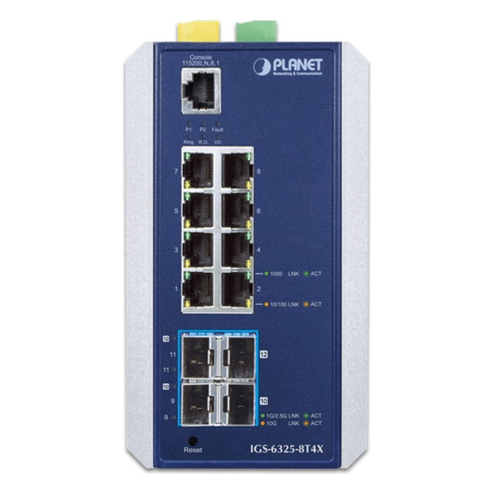 Switch Ethernet Gestionado Capa 3 Industrial DIN-rail / Red Extendida de 10G para Fábricas y Áreas Metropolitanas / 8 Puertos RJ45 10/100/1000BASE-T / 4 Puertos SFP+ 10GBASE-SR/LR / Temp. Operativa -40 a 75 grados C / Protección ESD a