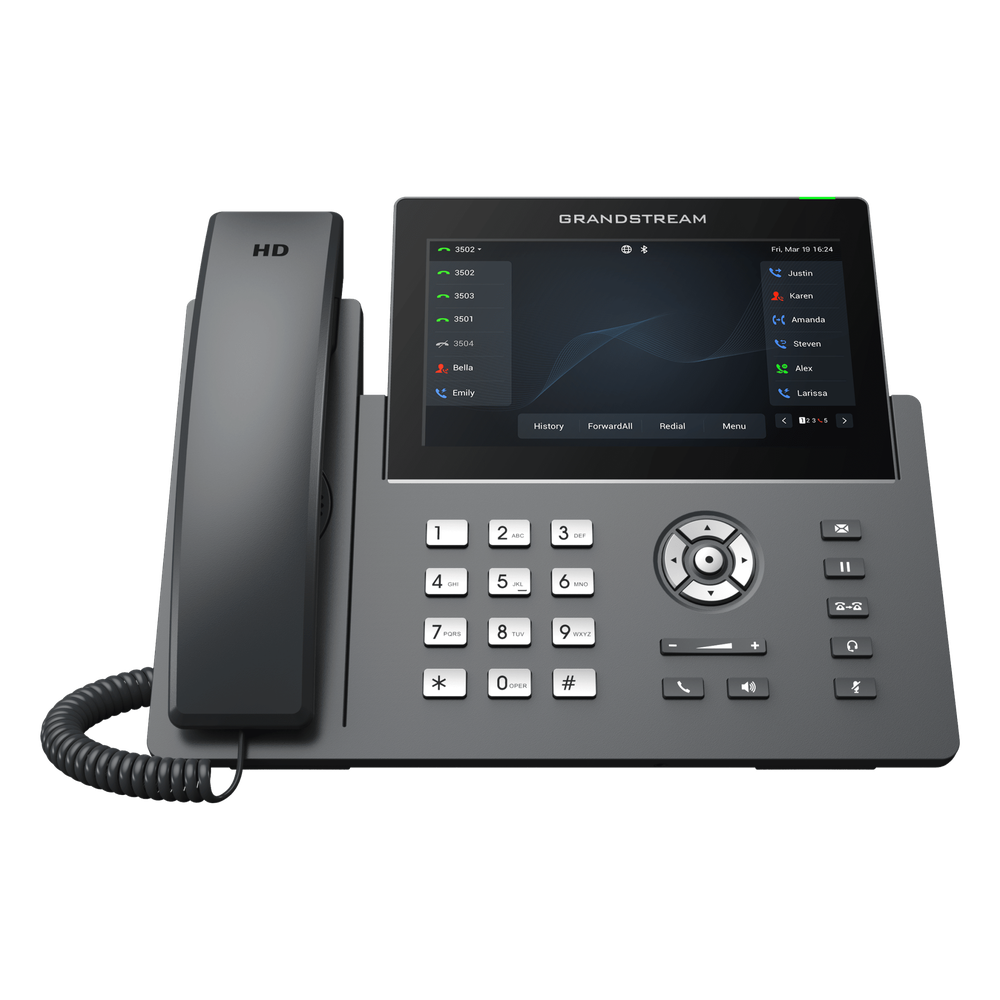 Teléfono IP Wi-Fi, Grado Operador, 12 líneas SIP con 6 cuentas, pantalla táctil 7", puertos Gigabit, Bluetooth, PoE, codec Opus, IPV4/IPV6 con gestión en la nube GDMS