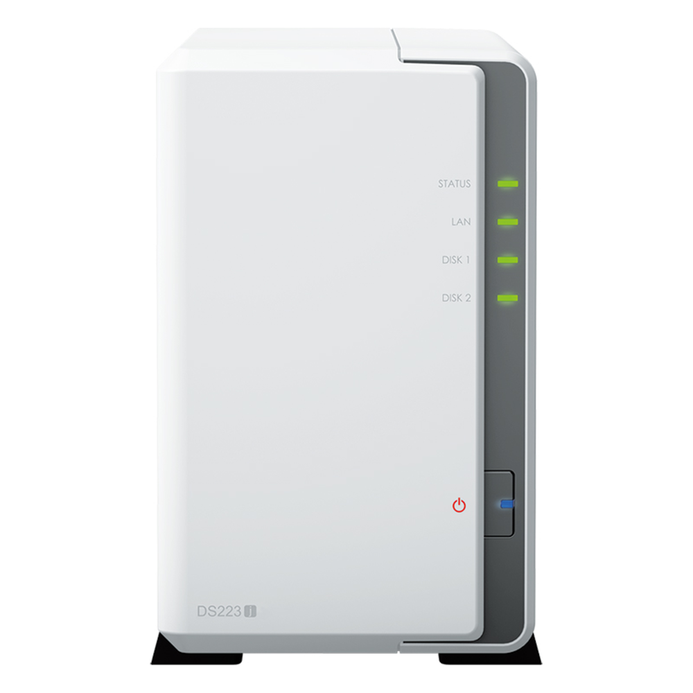 NAS DiskStation DS223j | 2 Bahías | CPU Realtek RTD1619B 1.7 GHz | 1 GB DDR4 | Puerto 1GbE RJ-45 | USB 3.2 Gen 1 | Compatible con HDD y SSD | Synology DSM | RAID 0, 1, JBOD | SMB, AFP, NFS, FTP | Vigilancia IP