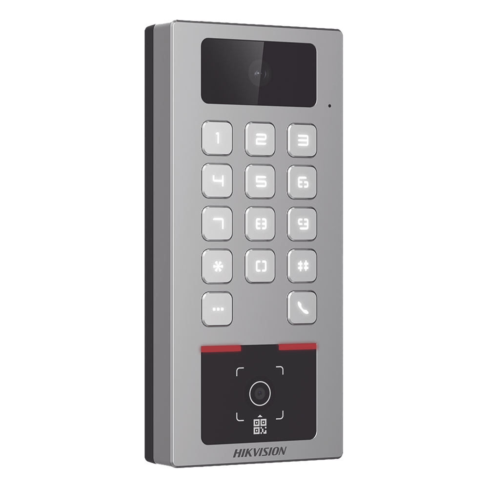 (PoE / 2 Relays) Teclado con Lector Físico de QRs para Exterior Antivandálico IP65 & IK09 con función de Videoportero Multiapartamento / Tarjeta, Código QR, PIN o App HikConnect / Cámara 2 MP compatible con NVRs /